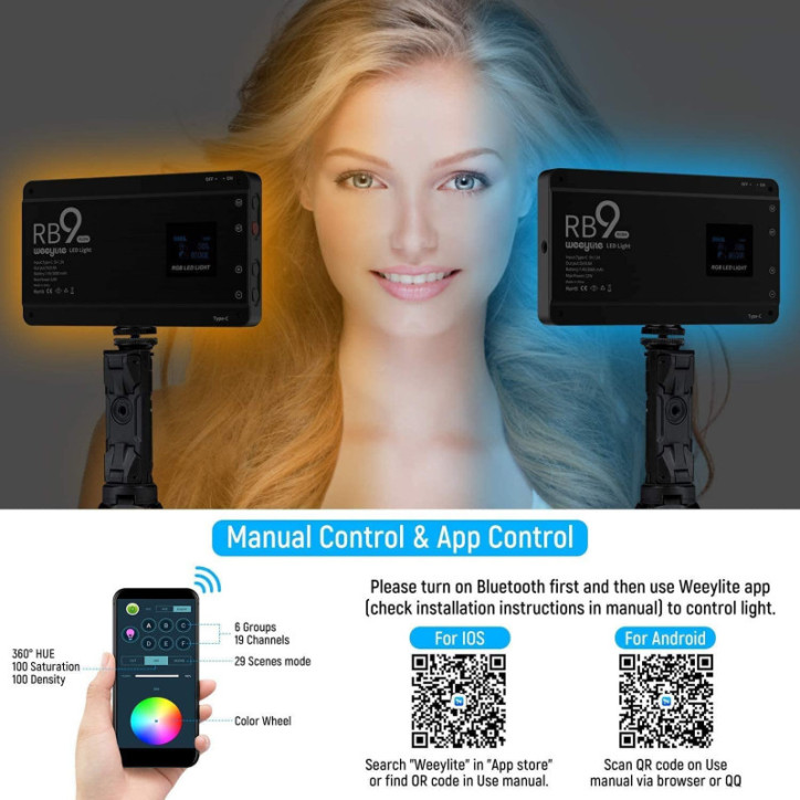 Weeylite RB9 RGB: Éclairage Vidéo LED Pro, 2500K-8500K, Contrôle App, Autonomie 2H, Kit Complet! Weeylite RB9 RGB: Éclairage Vidéo LED Pro, 2500K-8500K, Contrôle App, Autonomie 2H, Kit Complet!