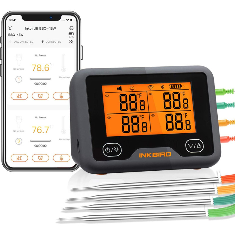 Inkbird IBBQ-4BW Thermomètre à viande WiFi avec 4 capteurs de température + support magnétique, thermomètre rechargeable USB