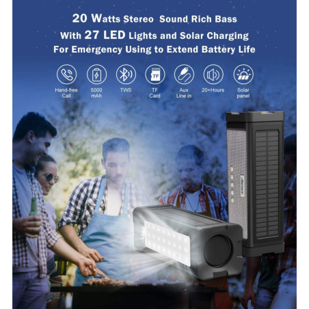 ABFOCE Solar Bluetooth Speaker: Waterproof, 20W Stereo Sound, & Power Bank - Perfect for Outdoors!