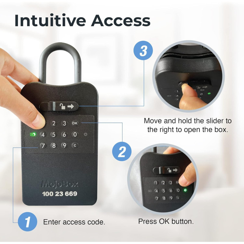 Stay secure with the MojoBox, a Bluetooth digital lockbox offering versatile access from anywhere.