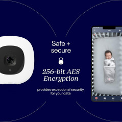 Nanit Pro Smart Baby Monitor displayed next to a woman sitting on a couch with a suitcase.