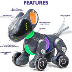 Interactive toy dog with wheels, a feature of Educational Insights PYXEL coding robot for kids.