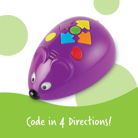 Person holding Learning Resources Code & Go Robot Mouse, a STEM coding toy with light bulb.