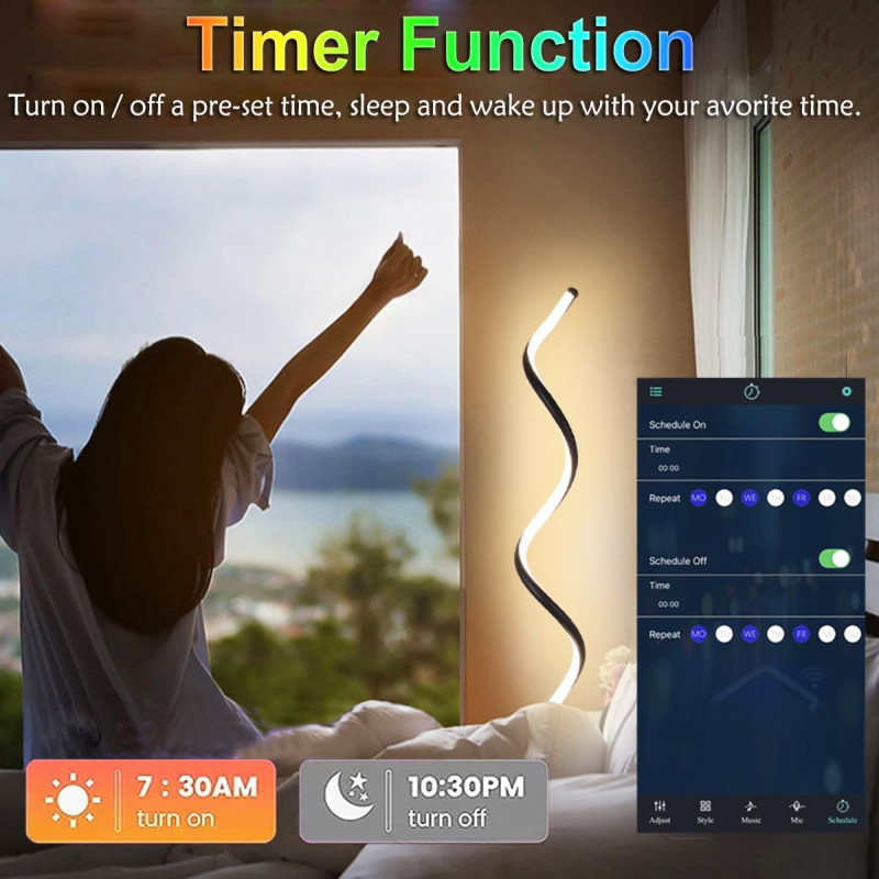 Person holding remote control next to colorful lamp. Smart RGB Spiral Floor Lamp: Modern LED Lighting with App Control.