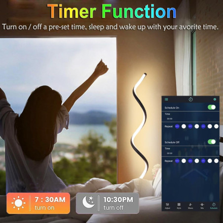 Person holding remote control next to colorful lamp. Smart RGB Spiral Floor Lamp: Modern LED Lighting with App Control.