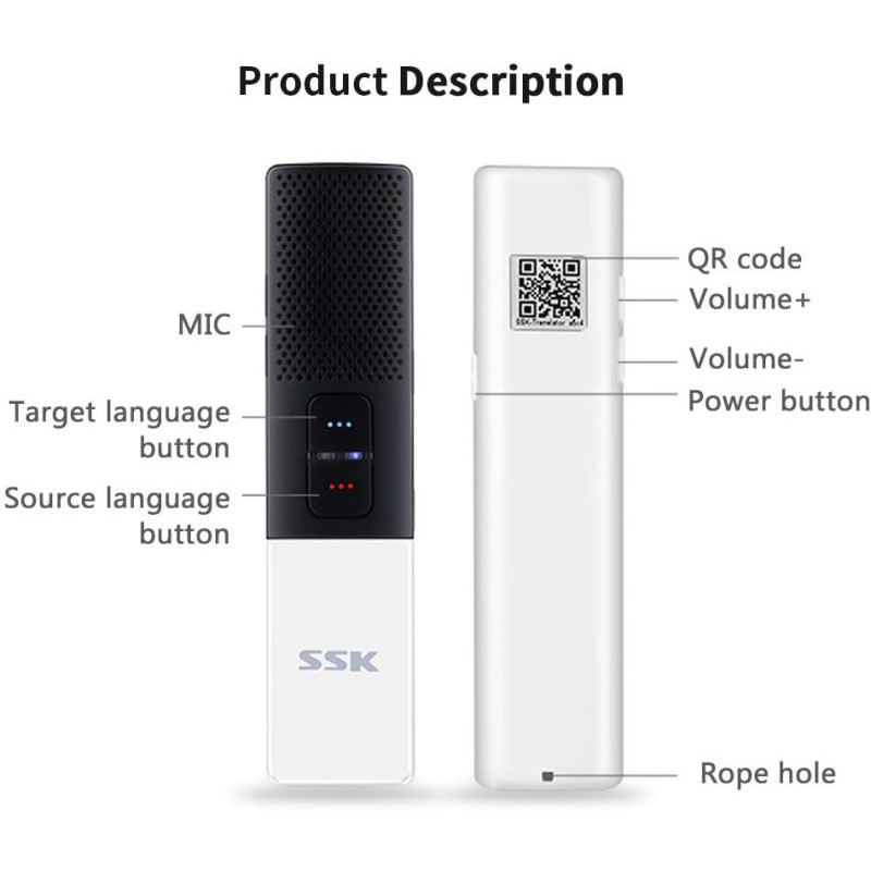 A smart translation device showcasing buttons for source and target languages, microphone, QR code, and volume controls.