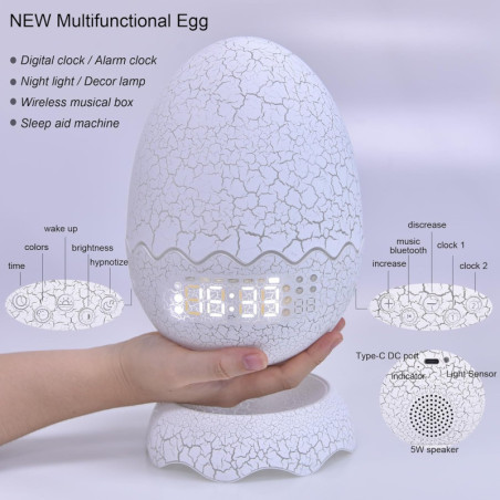 Réveil Œuf de Dragon Multifonction: Veilleuse, Bruit Blanc, Bluetooth – Lallié Sommeil Parfait!