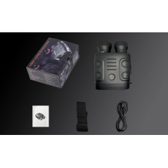 Black night vision binoculars with controls, packaged in a box, accompanied by a strap and connecting cable.