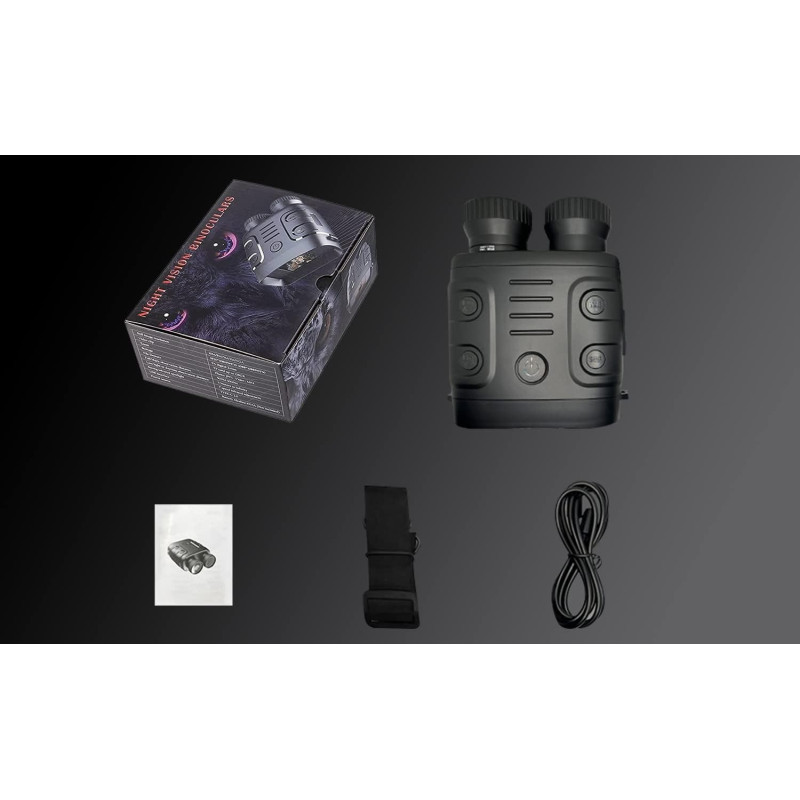 Black night vision binoculars with controls, packaged in a box, accompanied by a strap and connecting cable.