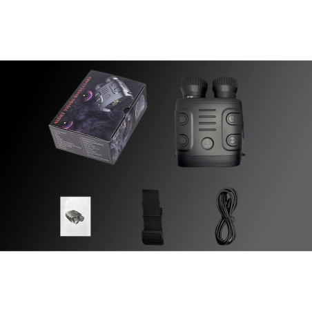 Black night vision binoculars with controls, packaged in a box, accompanied by a strap and connecting cable.