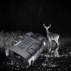 Black night vision binoculars with controls, packaged in a box, accompanied by a strap and connecting cable.