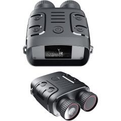 Black night vision binoculars with controls, packaged in a box, accompanied by a strap and connecting cable.
