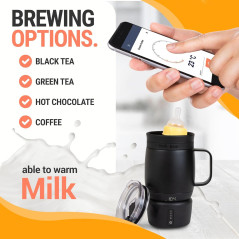 A sleek insulated mug features a wide ergonomic handle, contoured lip, and digital display for preset brewing of coffee and tea.