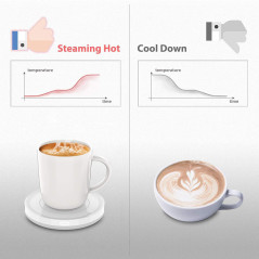 A white mug filled with latte art sits on a sleek white heating coaster, with steam rising from the cup.