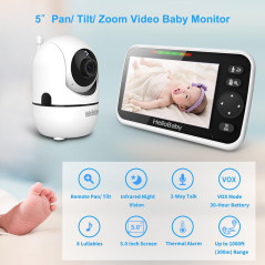 HelloBaby 5" Baby Monitor — 30hr battery, pan-tilt-zoom, night vision, 2-way talk, 8 lullabies & 1000ft range!