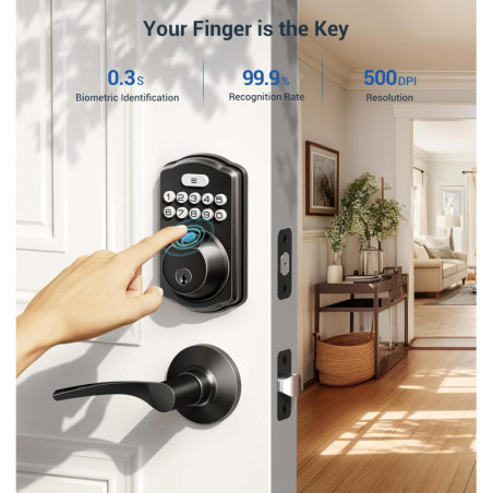 Veise Fingerprint Door Lock: Keyless Entry, Auto-Lock, Matte Black Security with Lever Handles