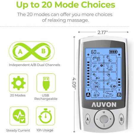 AUVON Dual Channel TENS Unit: 20 Modes for Pain Relief & Muscle Recovery