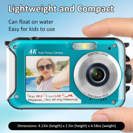 4K Waterproof Camera: 56MP Dual Screen, Autofocus, Perfect for Snorkeling & Family Fun!