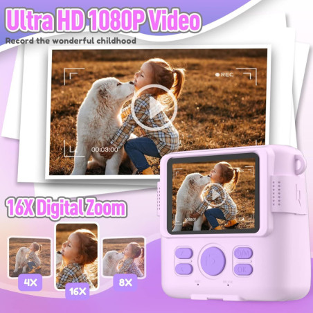 Kid-Friendly Instant Print Camera - Purple Digital Toy with 32GB SD Card (Ages 4-10)