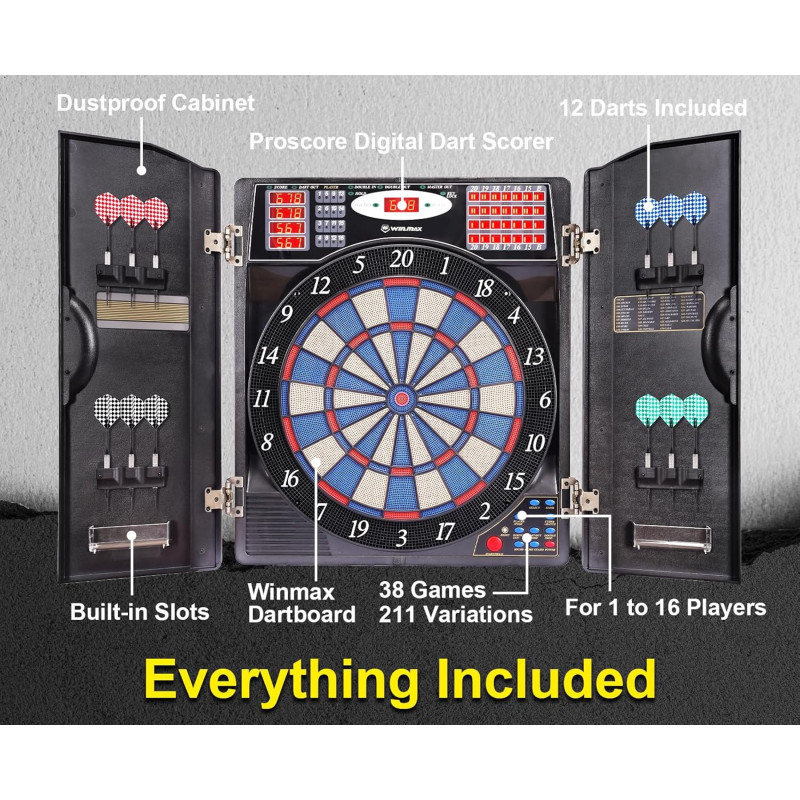 WIN.MAX Electronic Dart Board Cabinet Set – LED Soft Tip Dartboard for Adults
