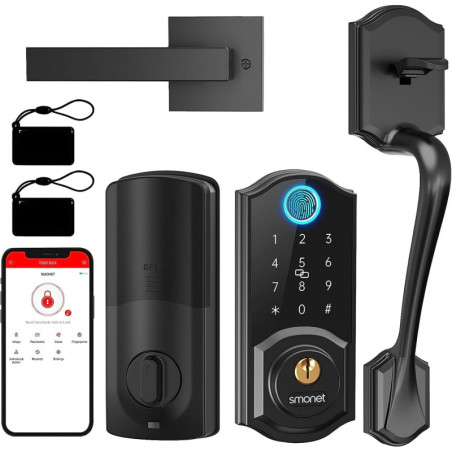 Serrure Intelligente SMONET pour Porte d'Entrée - Serrure Électronique avec Empreinte, Bluetooth et Alexa - Noir