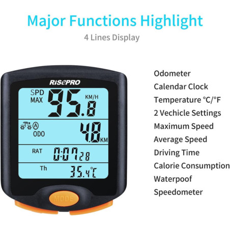RISEPRO Wireless Bike Computer YT-813, Waterproof Speedometer & Odometer with Backlit 4-Line Display