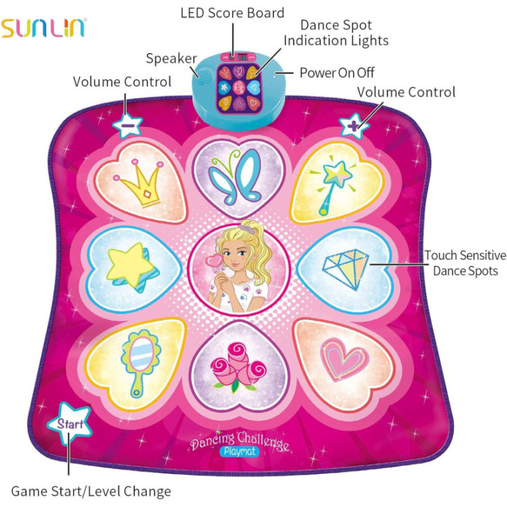 Tapis de danse SUNLIN avec LED, musique intégrée, volume réglable, 3 niveaux de difficulté (3-12 ans)