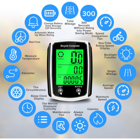 Bike Computer & Odometer Wired Speedometer with LCD & Multi-Functions