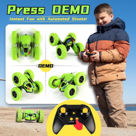 Threeking RC Double-Sided Stunt Car, 360° Flips & Rotations, Remote Control Toy - Green