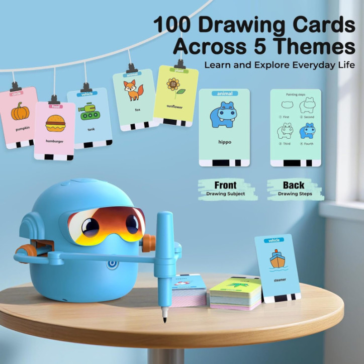 Robot de dessin éducatif Montessori pour enfants 3-8 ans avec 16 stylos, 100 cartes et musique Robot de dessin éducatif Montessori pour enfants 3-8 ans avec 16 stylos, 100 cartes et musique