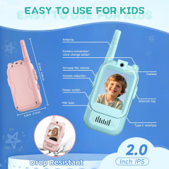 Talkie Vidéo Enfants 2 Pack Rechargeable, Jeux Intérieurs/Extérieurs, Camping, Randonnée (Bleu/Rose)