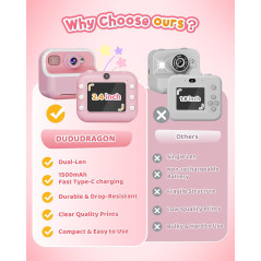 Appareil Photo Instantané Double Caméra Avant/Arrière 1080P pour Enfants 3-12 Ans, Cadeau Anniversaire
