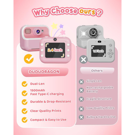 Instant Dual Lens Kids Camera with 1080P Video, Front & Rear Selfie, Portable Digital Toy for Ages 3-12