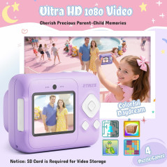 Kids 1080P Instant Print Camera with 32GB SD Card & Printing Paper - Portable Purple Gift for Ages 4-10