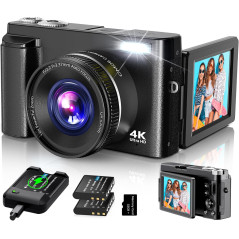 2024 4K Digital Camera 48MP Vlogging with Autofocus, 16X Zoom, 3 Flip Screen, Dual Batteries & SD Card, Black