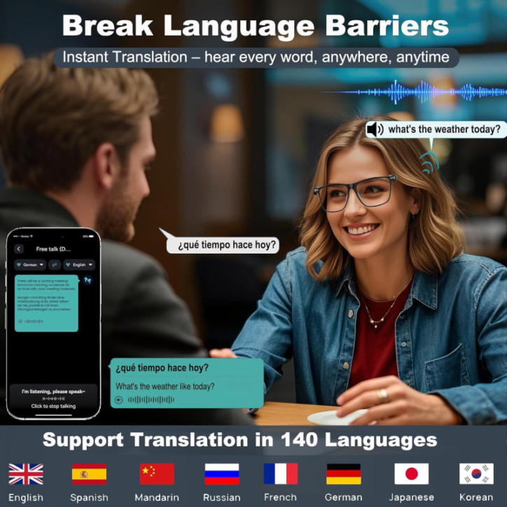Lunettes Intelligentes AI Traduction Bluetooth Chat GPT 164 Langues, Verres Changeants, Casque Audio Lunettes Intelligentes AI Traduction Bluetooth Chat GPT 164 Langues, Verres Changeants, Casque Audio