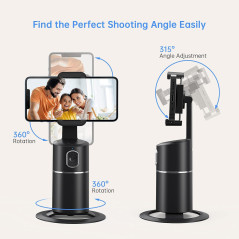 Support Téléphone Auto Suivi Visage 360° Rotation Sans Appli avec Batterie Rechargeable Noir