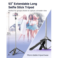 Trépied Selfie 53'' avec Lumière, Télécommande, Clips Tout-en-1, Compatible iPhone & Android