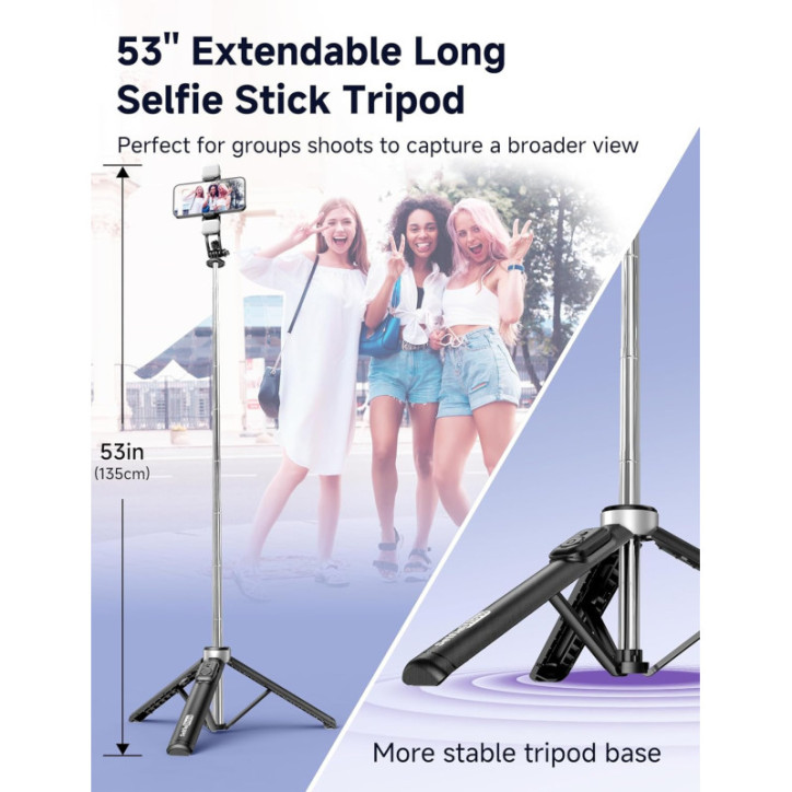 53 Extendable Selfie Stick Tripod with Light, Remote & Phone Clip, Portable for iPhone 15/14/13 & Android 53 Extendable Selfie Stick Tripod with Light, Remote & Phone Clip, Portable for iPhone 15/14/13 & Android