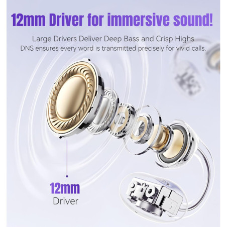 Écouteurs Bluetooth 6.0 King Lucky Clip-on Open Ear, 50H, Anti-Bruit, IPX5, Sport, Micro, Violet