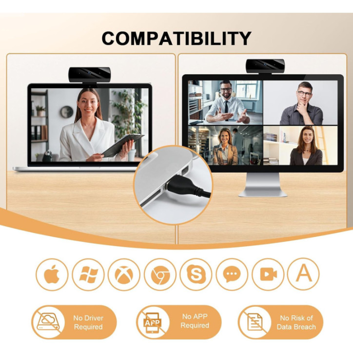 Webcam Full HD 1080P pour PC/Mac, Correction Lumière, Compatible Skype, Zoom, FaceTime, Hangouts