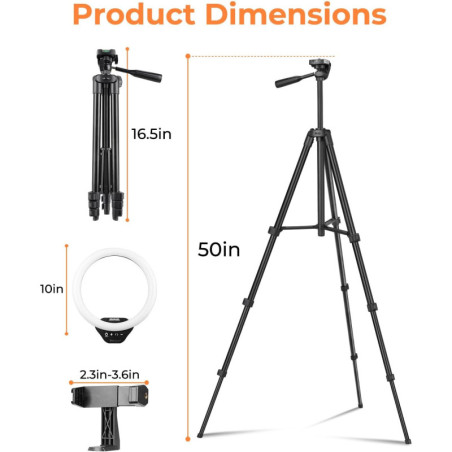 Sensyne Ring Light 10’’ avec trépied extensible 50’’, LED, support téléphone pour streaming & maquillage