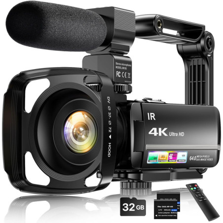 4K 64MP Vlogging Camcorder with 3 Touchscreen, 18X Zoom, Night Vision, Mic, Remote, Stabilizer & 2 Batteries