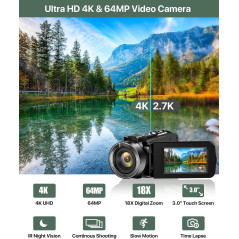 4K 64MP Vlogging Camera with Touch Screen, Night Vision & Accessories