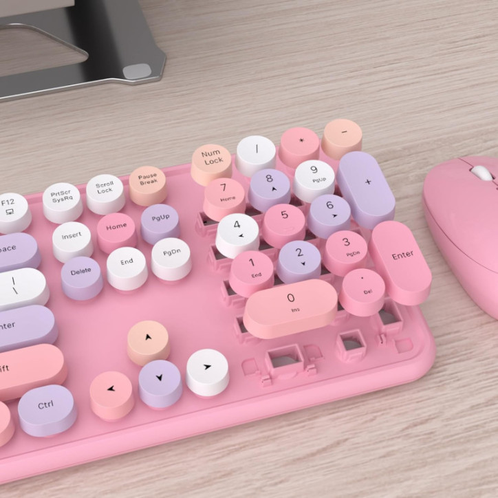 UBOTIE Combo Clavier-Souris Sans Fil Coloré 2.4GHz, Clavier Rétro Pleine Taille, Souris Optique Rose