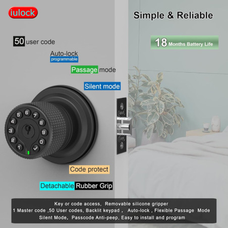 Keypad Smart Door Lock - 50 User Codes, Waterproof, Auto Lock, Matte Black
