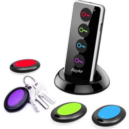 Reyke Localisateur d’Objets RF 80dB+, Portée 40m, 1 Émetteur + 4 Récepteurs, Suivi Sans Fil pour Clés, Téléphone, Animaux