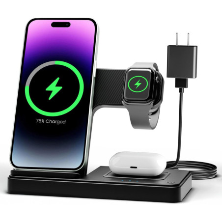 Station de Charge Sans Fil 3 en 1 pour iPhone, Apple Watch et AirPods - Compatible iPhone 17 à 11, Watch 10 à SE