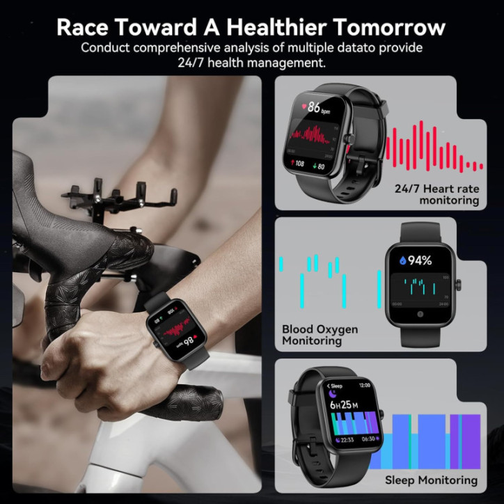 Smart Watch with Alexa, 1.83 HD Touchscreen, Bluetooth Calling, Fitness & Sleep Tracking, 120+ Sports, IP68, Heart Rate - Bl