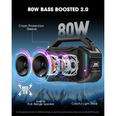Enceinte Bluetooth 80W IPX6, 20H, TWS, Portable Noire